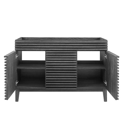 Charcoal bathroom vanity cabinet with two doors opening to reveal interior shelves.