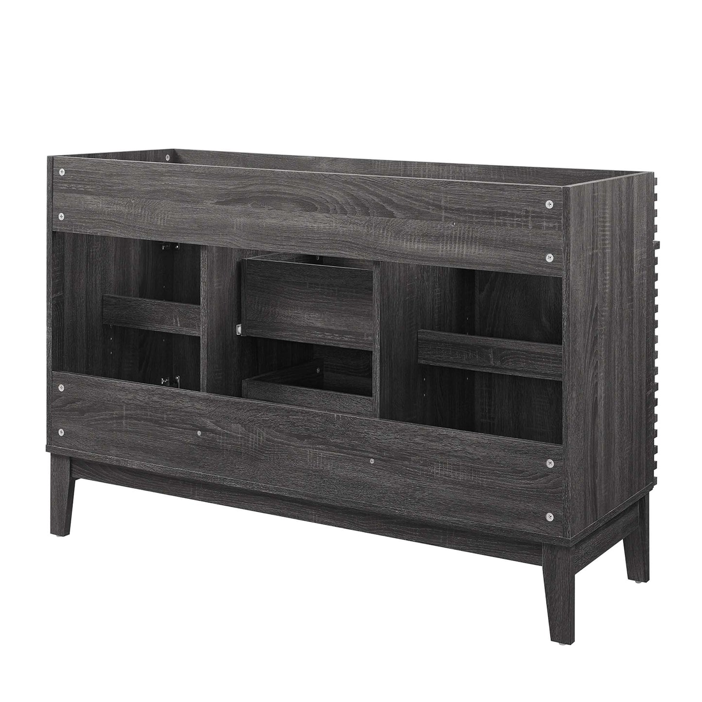 Dark charcoal bathroom vanity cabinet, 48" wide, with center drawer & cabinetry for a double-sink setup.