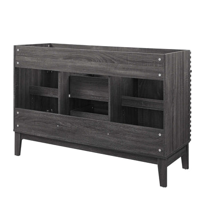 Dark charcoal bathroom vanity cabinet, 48" wide, with center drawer & cabinetry for a double-sink setup.