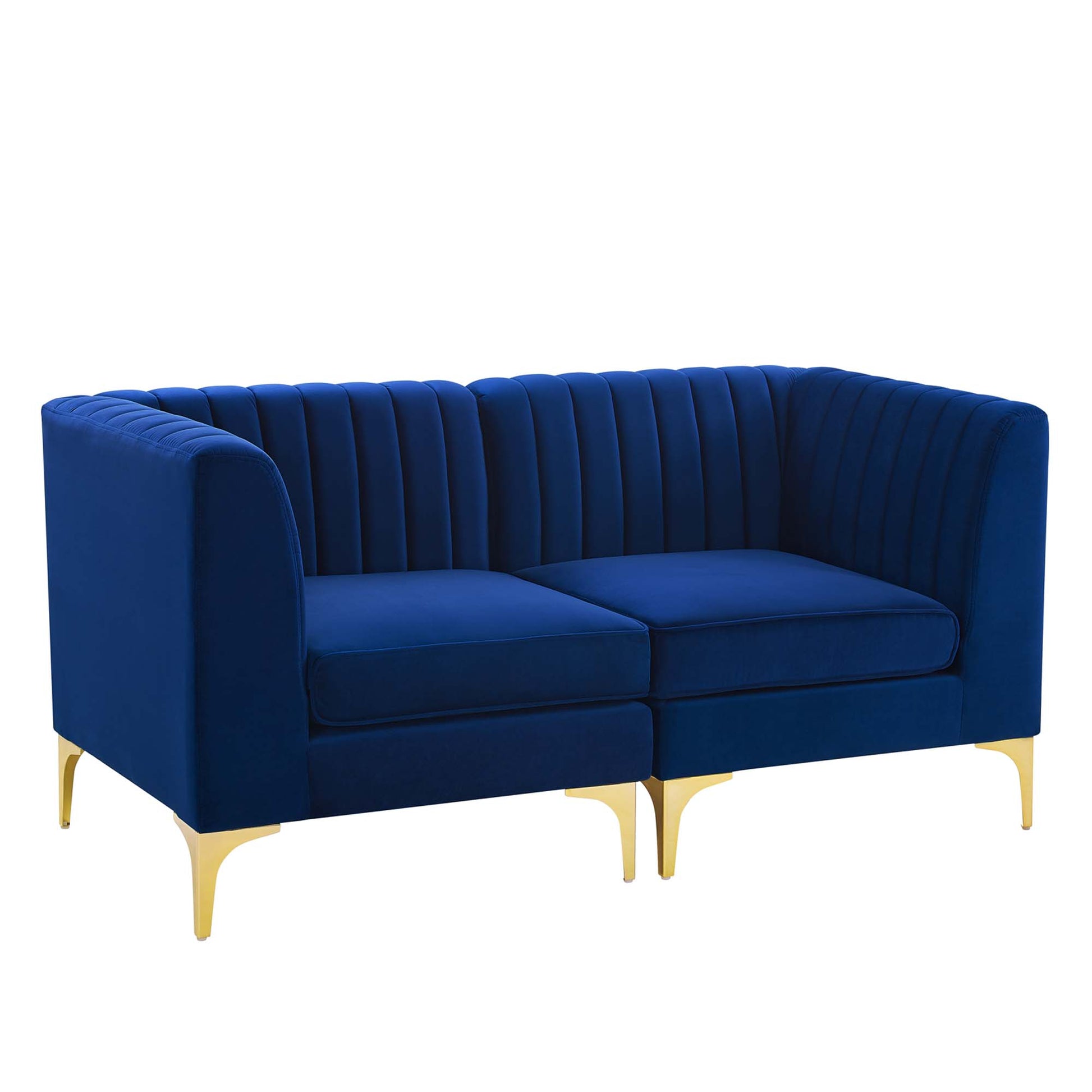 Navy blue velvet loveseat with channel-tufted back, two cushions and curved gold metal legs.