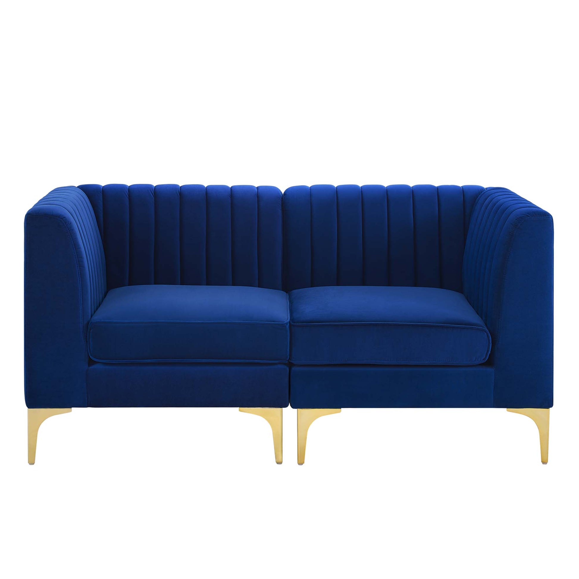 Navy blue velvet loveseat with vertical channel tufting, two cushions, rounded arms, and gold legs.