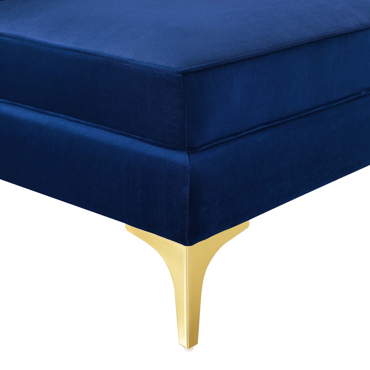 Navy channel-tufted performance velvet loveseat with gold tapered legs, mid-century modern style.