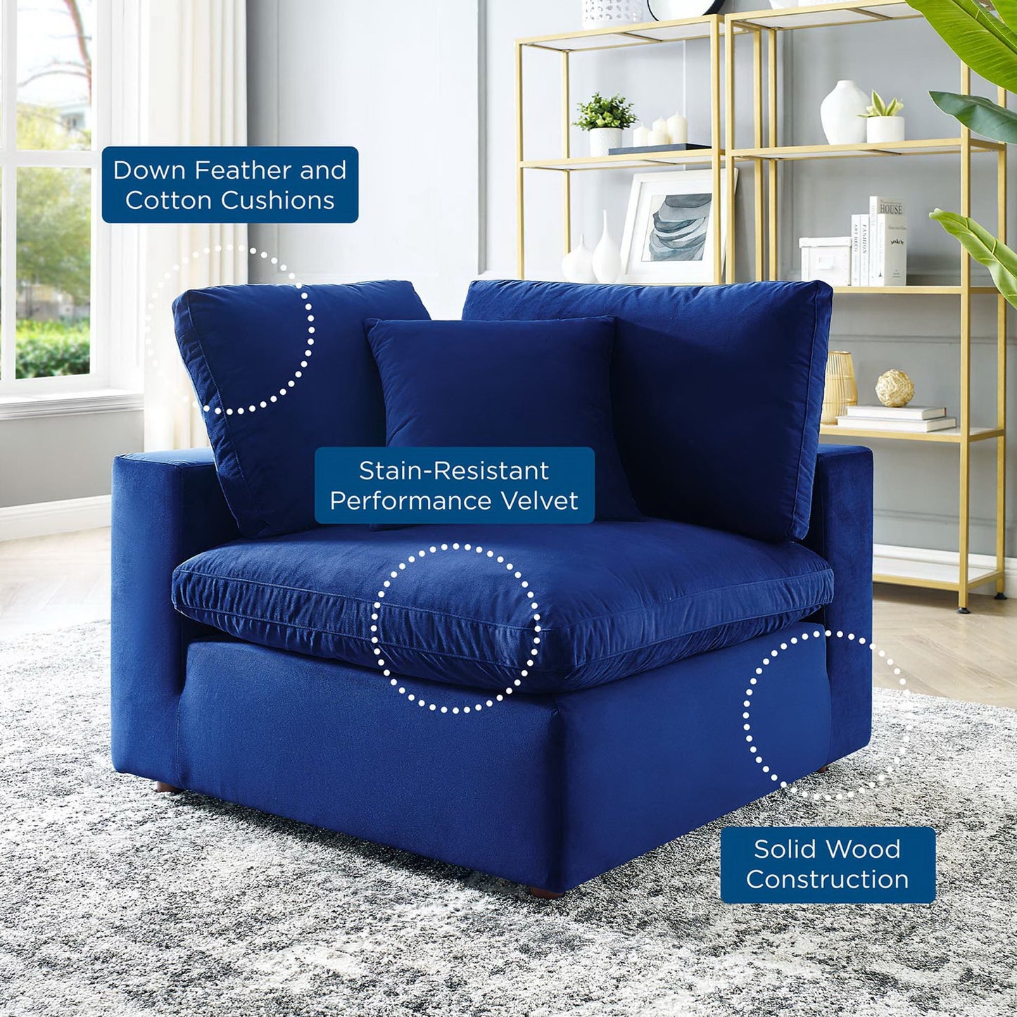 Modway Outlet Commix Down Filled Overstuffed Performance Velvet Corner Chair by Modway  Living Room Furniture Navy - EEI-4366-NAV