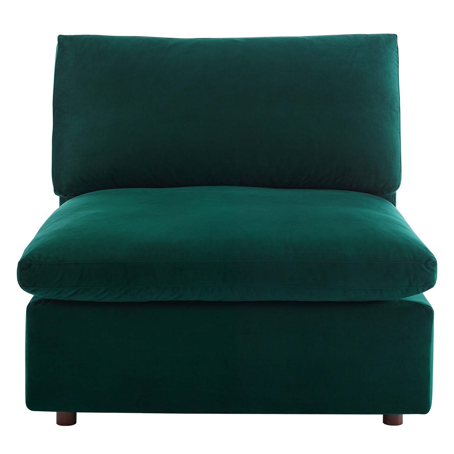 Emerald green velvet armless accent chair with thick back and seat cushions, low profile, short wooden legs