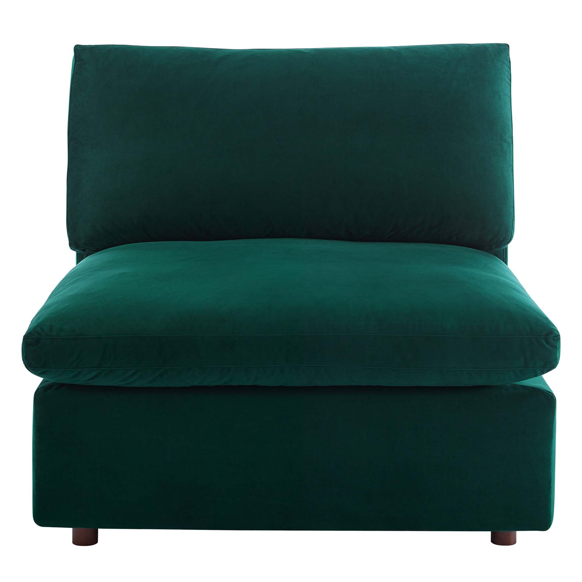Emerald green velvet armless accent chair with thick back and seat cushions, low profile, short wooden legs