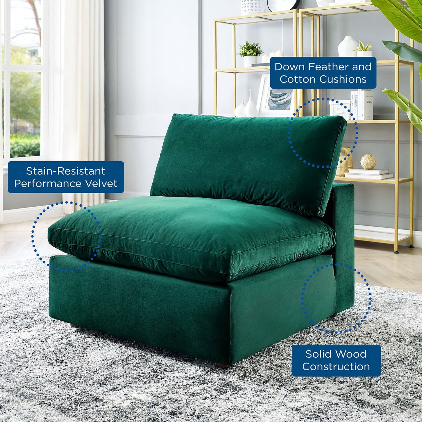 Emerald green velvet armless accent chair with down-filled, overstuffed cushions & solid wood frame.