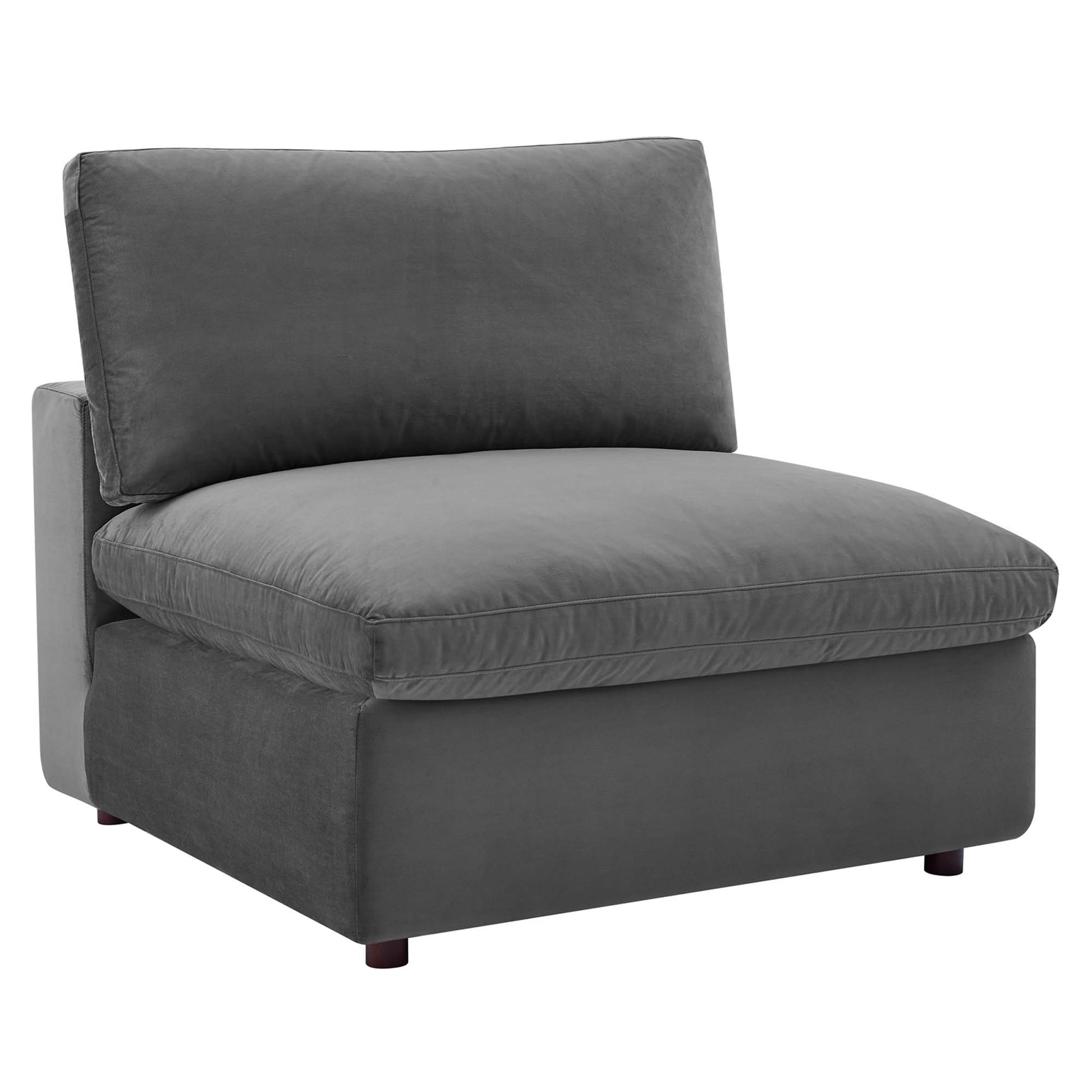 Gray velvet lounge chair with thick cushioned seat and back, low boxed base and short wooden legs.