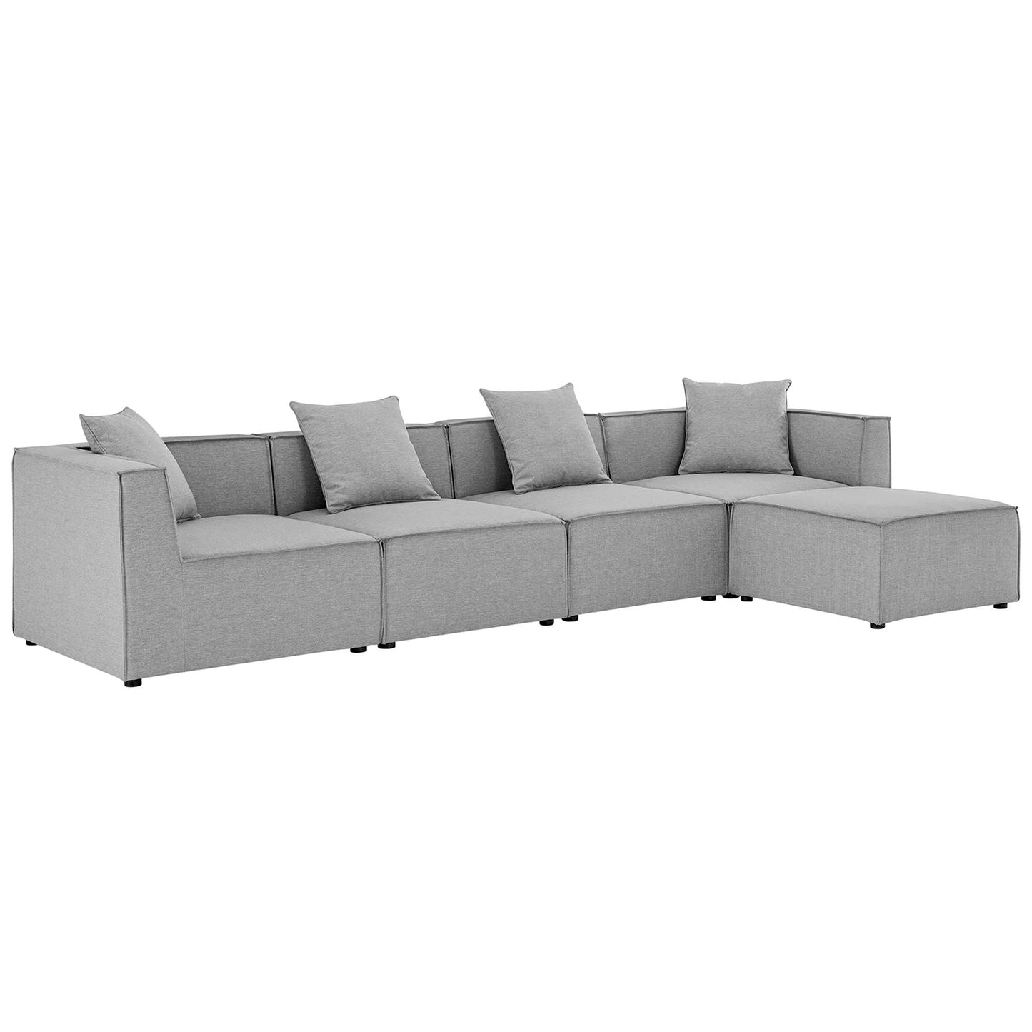 Gray modular sectional sofa with chaise, fabric upholstery, low arms and multiple back cushions.