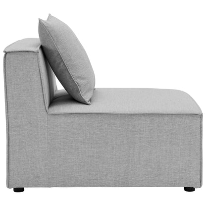 Gray fabric outdoor sectional sofa with back cushions; low-profile, contemporary patio seating