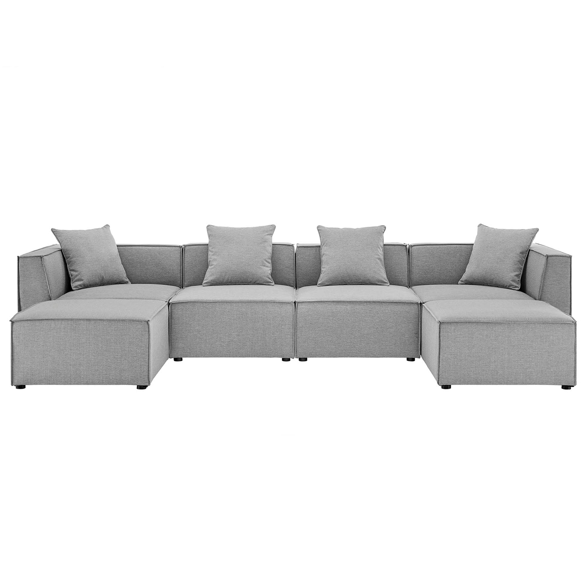 Grey fabric outdoor patio sectional sofa with multiple seats, back cushions, contemporary style and low block legs.