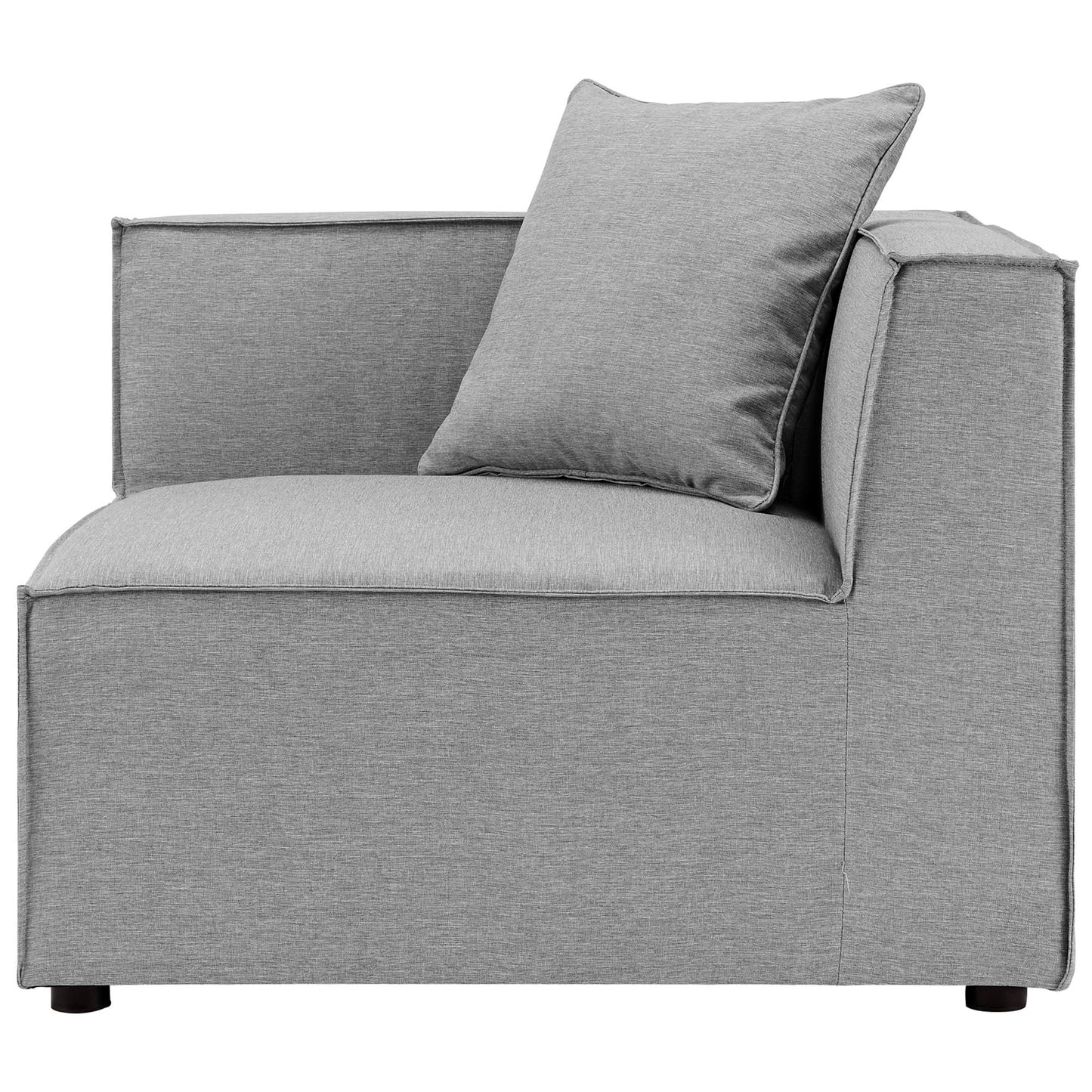 Gray fabric upholstered outdoor sectional sofa with square arms, multiple seating sections and cushions.