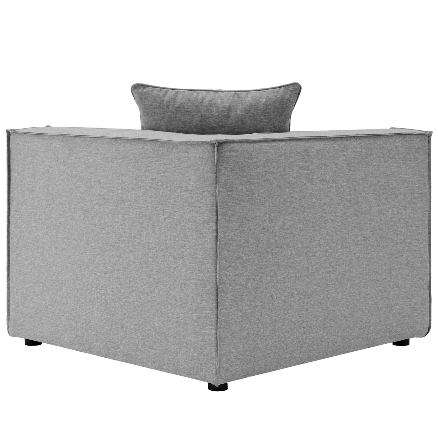 Gray woven fabric modular sectional with boxy arms, low profile, back cushion, and short black feet.