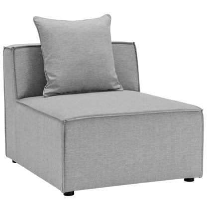 Grey fabric outdoor sectional sofa with a boxy design, modular sections, back cushions and low-profile feet.