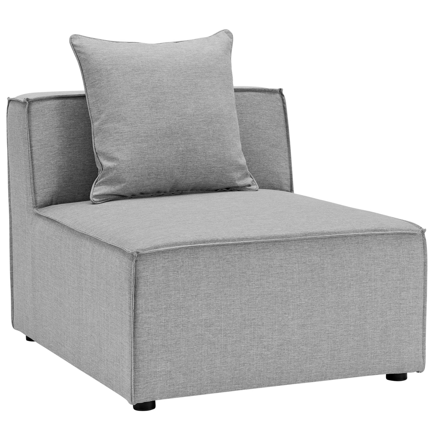 Gray fabric outdoor patio sectional sofa with modular sections, low-back arms, and loose cushions in a square modern style.