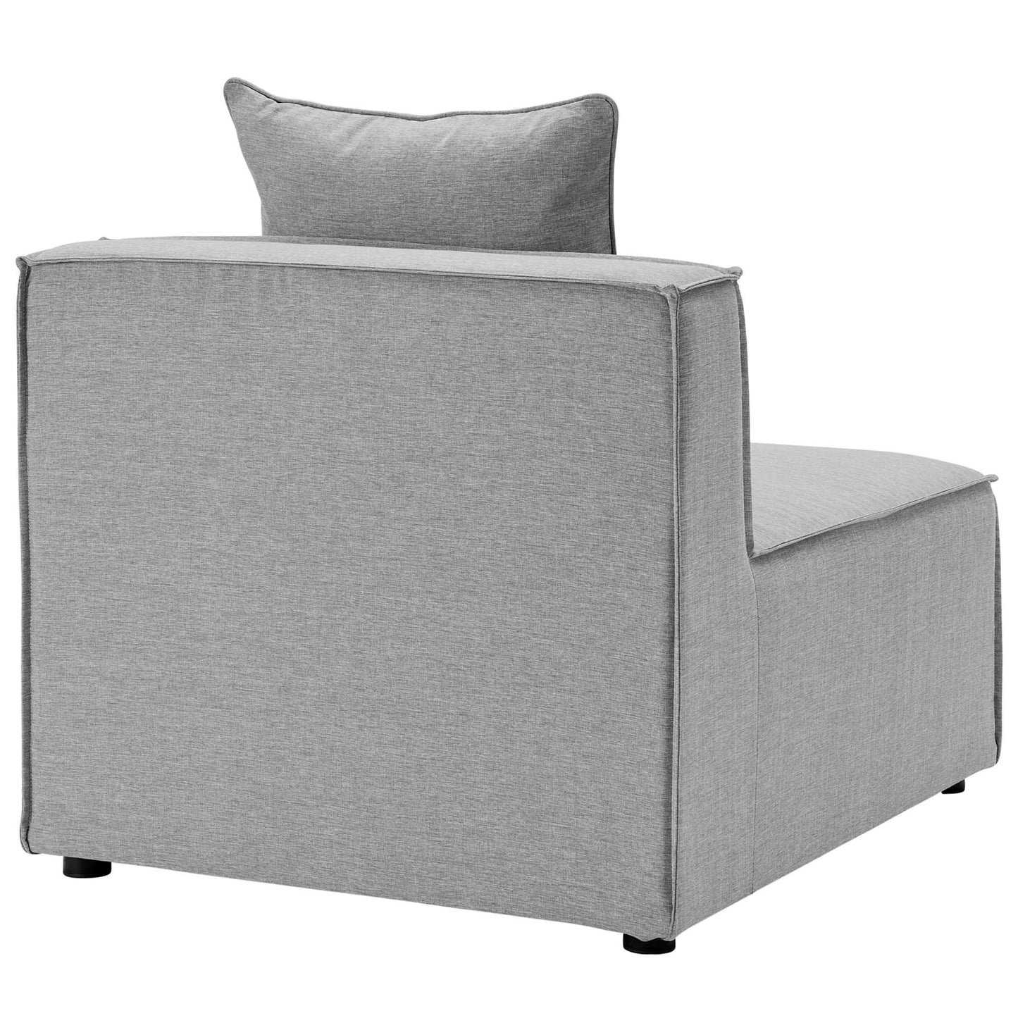 Gray outdoor sectional sofa with multiple sections, textured fabric upholstery, boxy silhouette, back cushions, and low-profile legs.