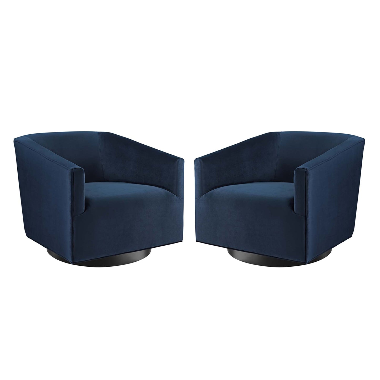 Pair of navy blue barrel chairs with curved backs and low arms on round black bases, mid-century velvet upholstery.
