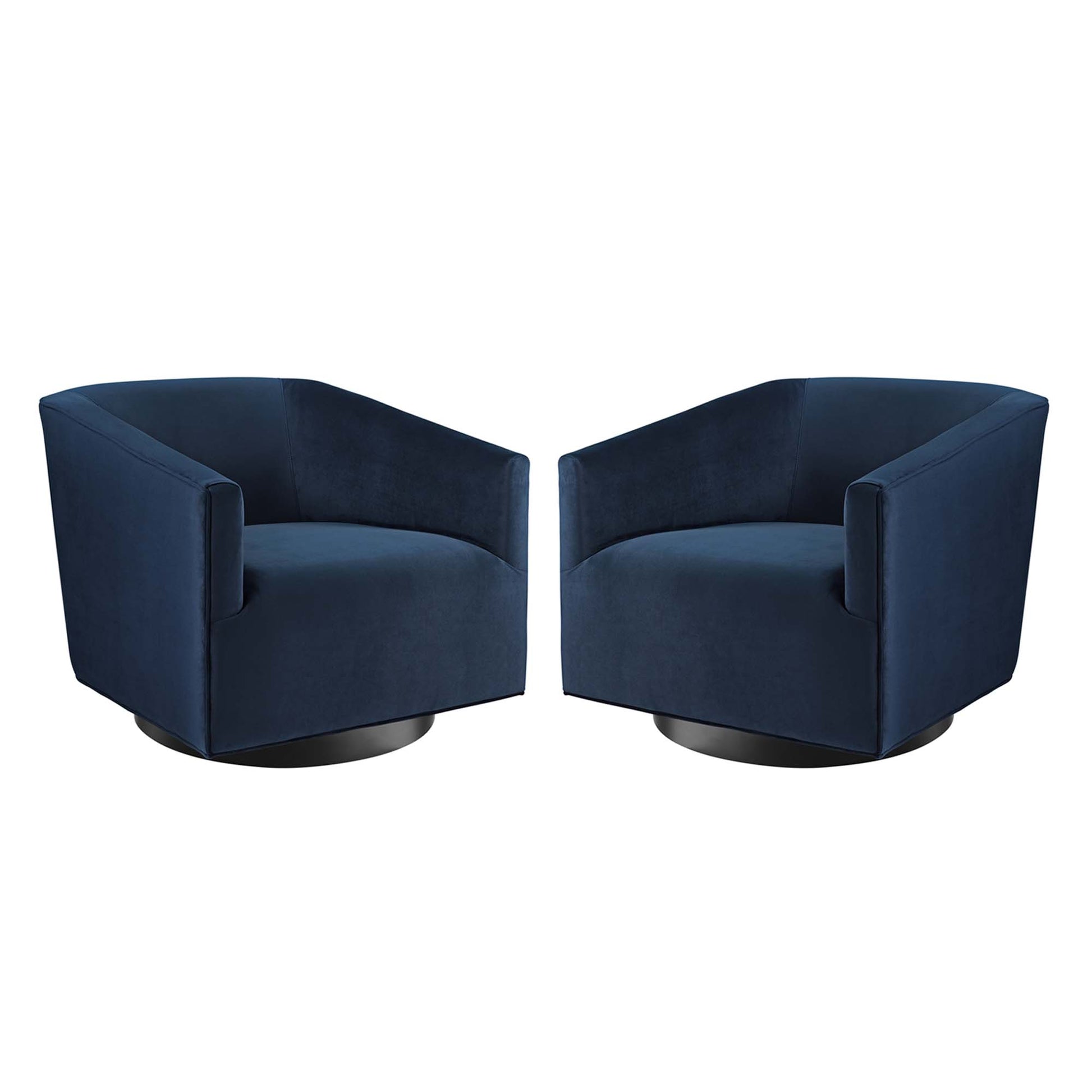 Pair of navy blue barrel chairs with curved backs and low arms on round black bases, mid-century velvet upholstery.