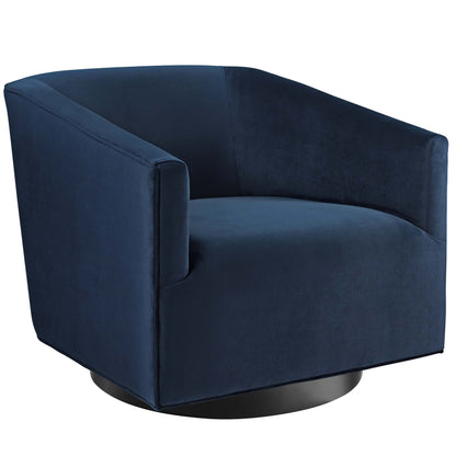 Two navy blue velvet swivel armchairs with curved backs and round black pedestal bases.