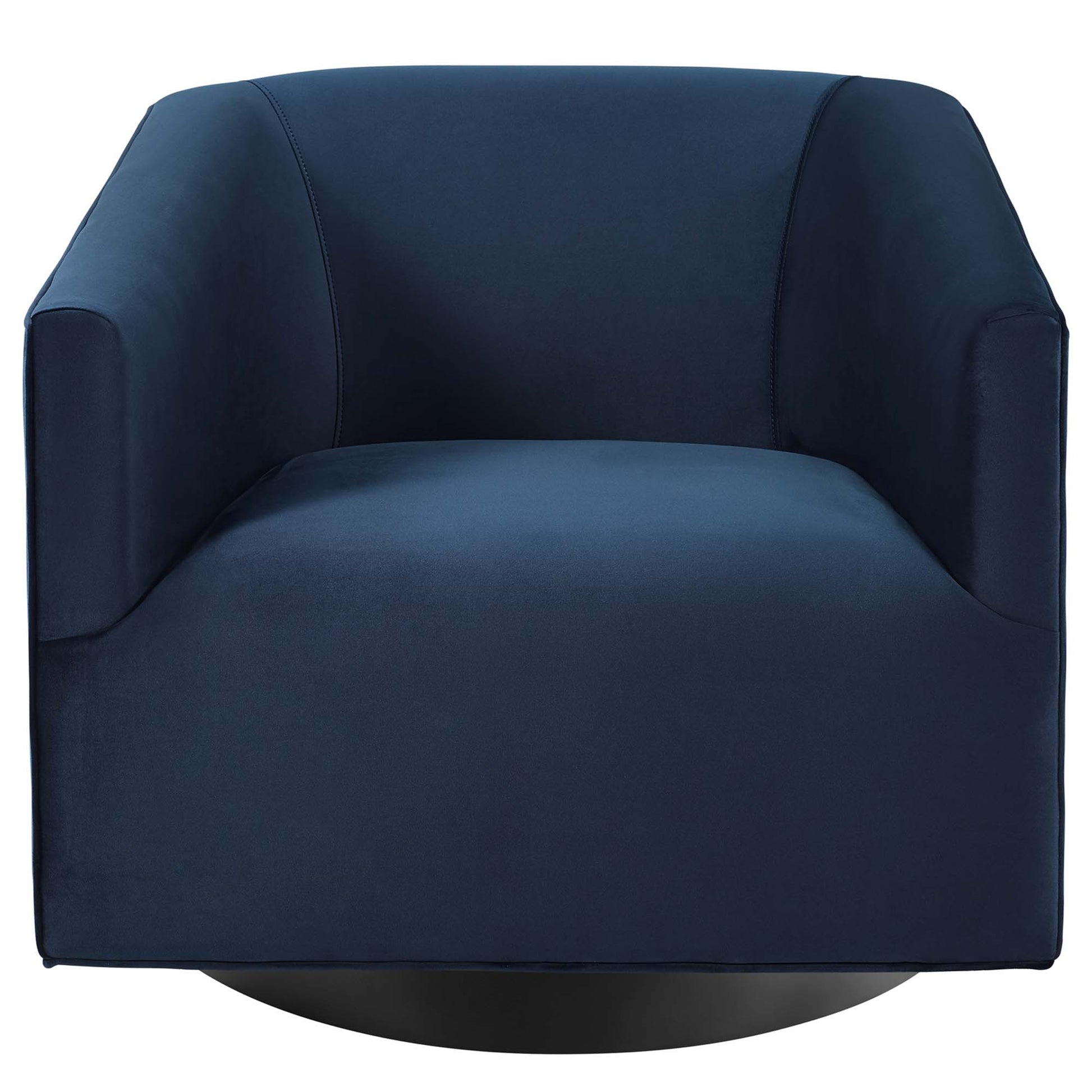Dark navy blue velvet swivel accent chair with curved arms and round pedestal base.