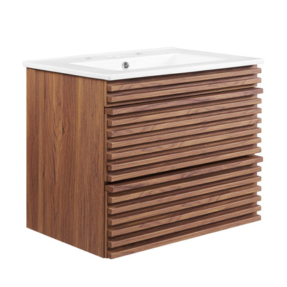 White wall-mounted bathroom vanity with a white rectangular sink and horizontal slatted drawer fronts.