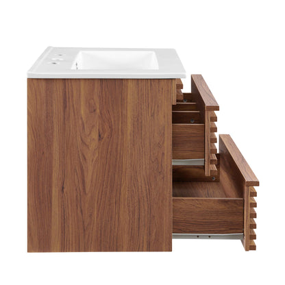 White finish wall-mount bathroom vanity with white top sink; open side drawers reveal tiered storage and slatted organizers.