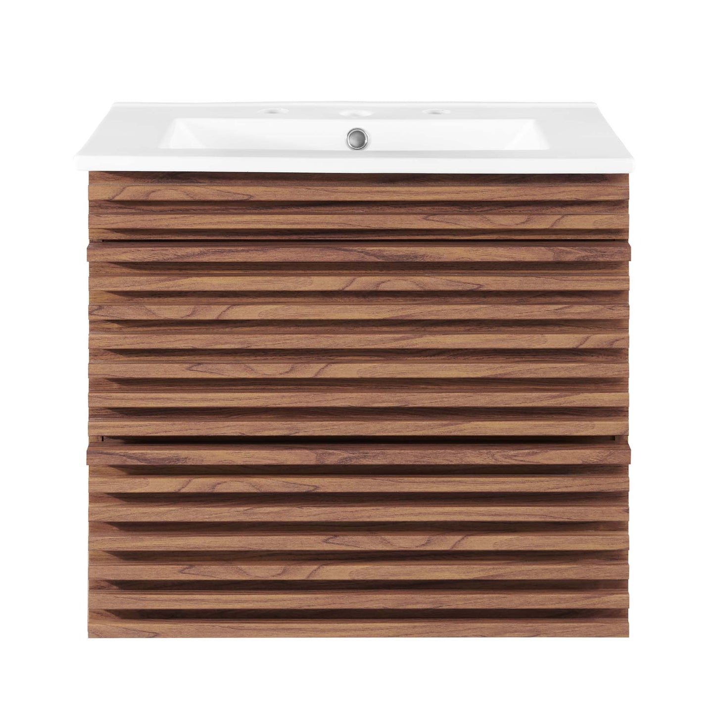 White 24" wall-mount bathroom vanity with a rectangular sink top and integrated faucet holes.