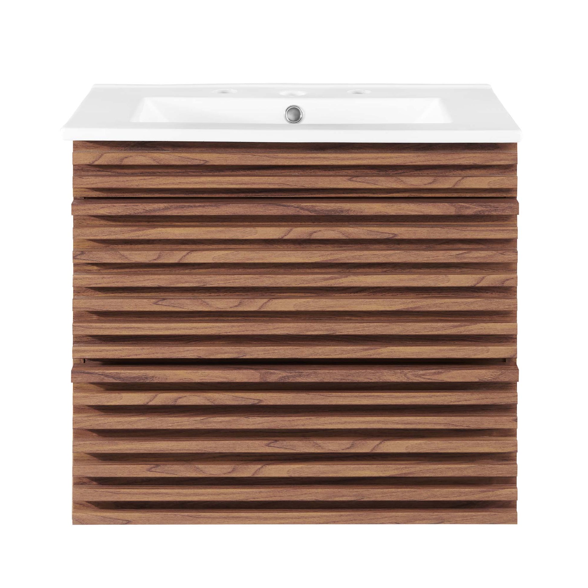 White 24" wall-mount bathroom vanity with a rectangular sink top and integrated faucet holes.