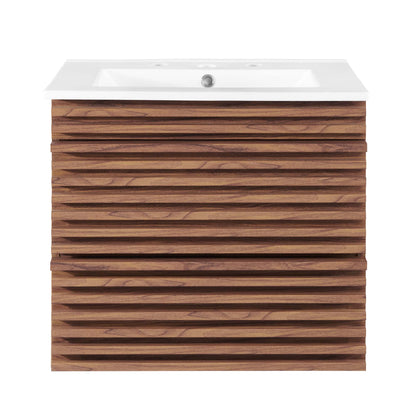 White 24" wall-mount bathroom vanity with a rectangular sink top and integrated faucet holes.