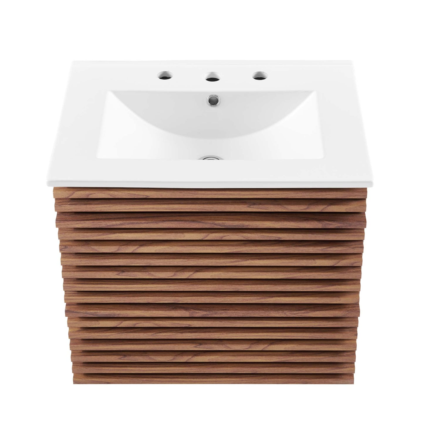 White rectangular ceramic sink atop a white wall-mount bathroom vanity with three faucet holes.