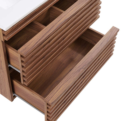 Walnut wood slatted drawer chest with white top and two open pull-out drawers.