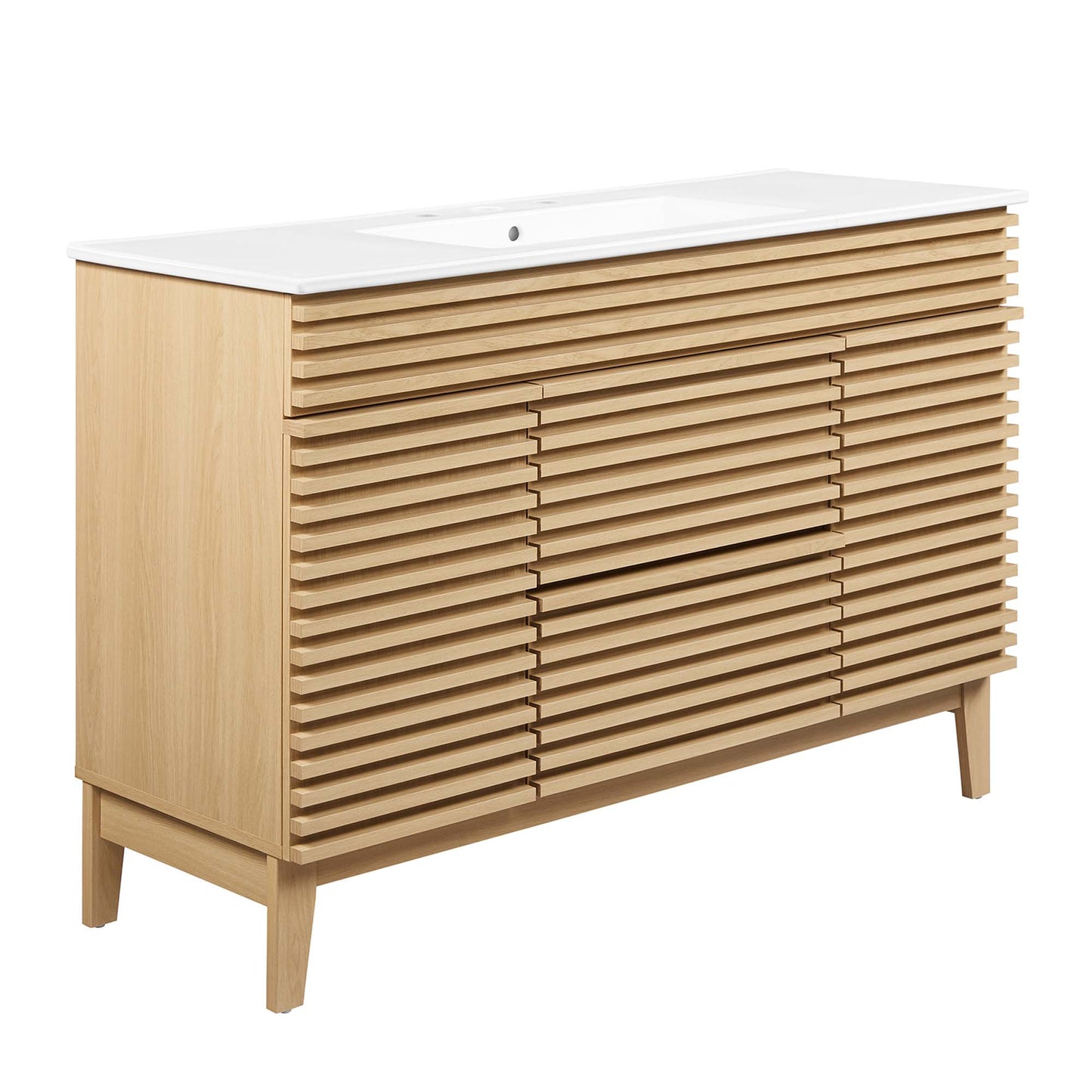 48-inch single-sink bathroom vanity with white countertop and oak-finish cabinet doors, modern style.
