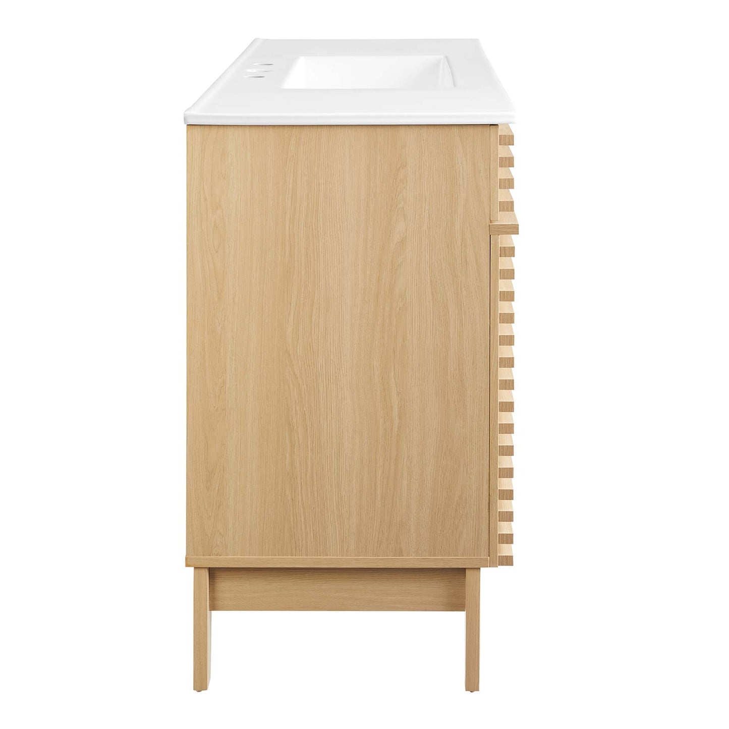 Oak wood bathroom vanity with white sink top and right-side slatted towel rack, mid-century legs.