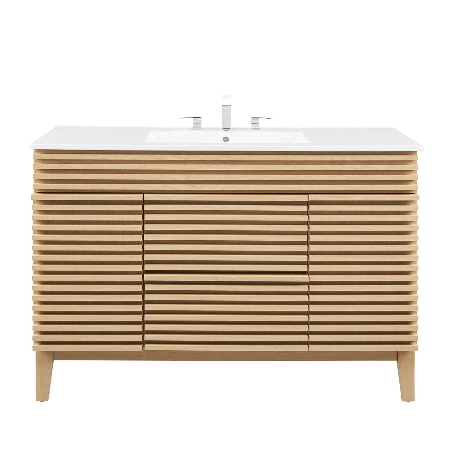 Oak slatted bathroom vanity with white countertop, central dual doors, chrome faucet, modern ribbed design, tapered legs.