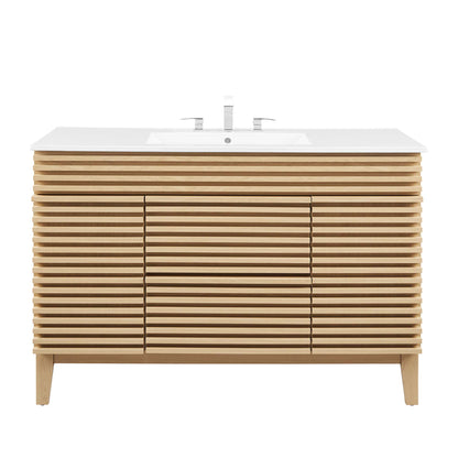 Oak slatted bathroom vanity with white countertop, central dual doors, chrome faucet, modern ribbed design, tapered legs.