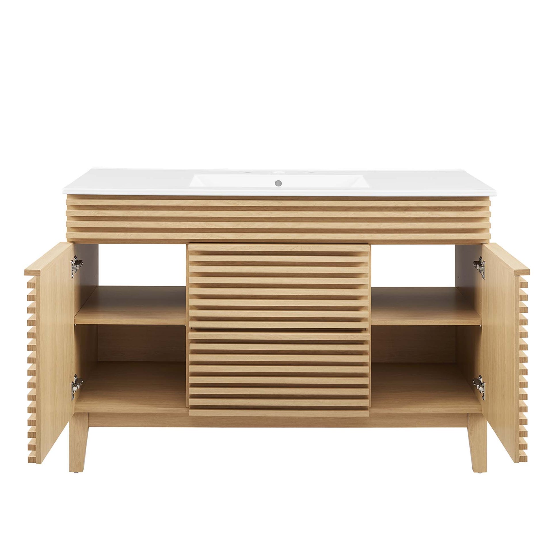 Oak bathroom vanity with white top and sink; two side cabinets open to reveal shelves and a central slatted panel.