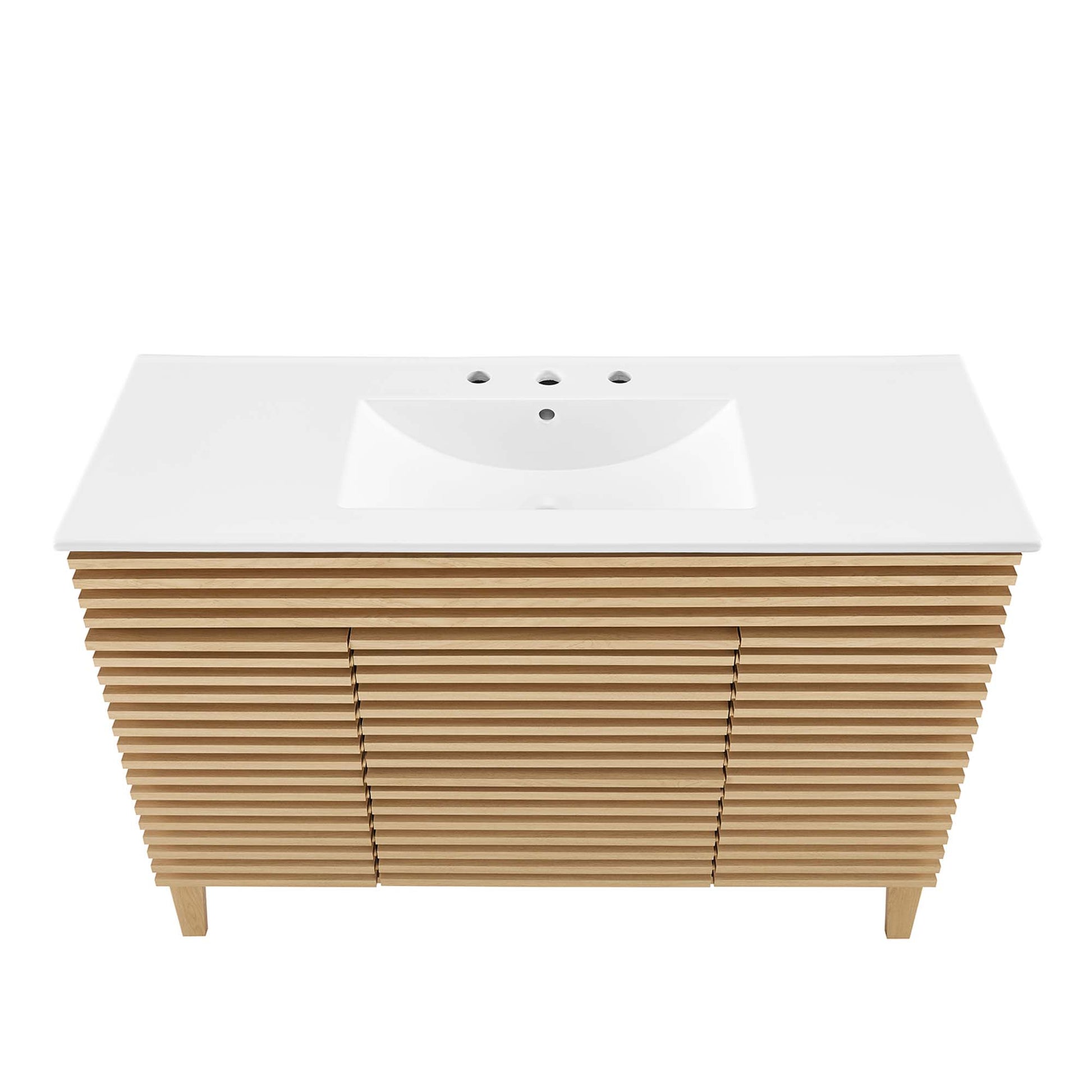 White rectangular vanity countertop with integrated sink, oak slat-front cabinet, freestanding bathroom vanity.