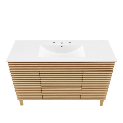 White rectangular vanity countertop with integrated sink, oak slat-front cabinet, freestanding bathroom vanity.