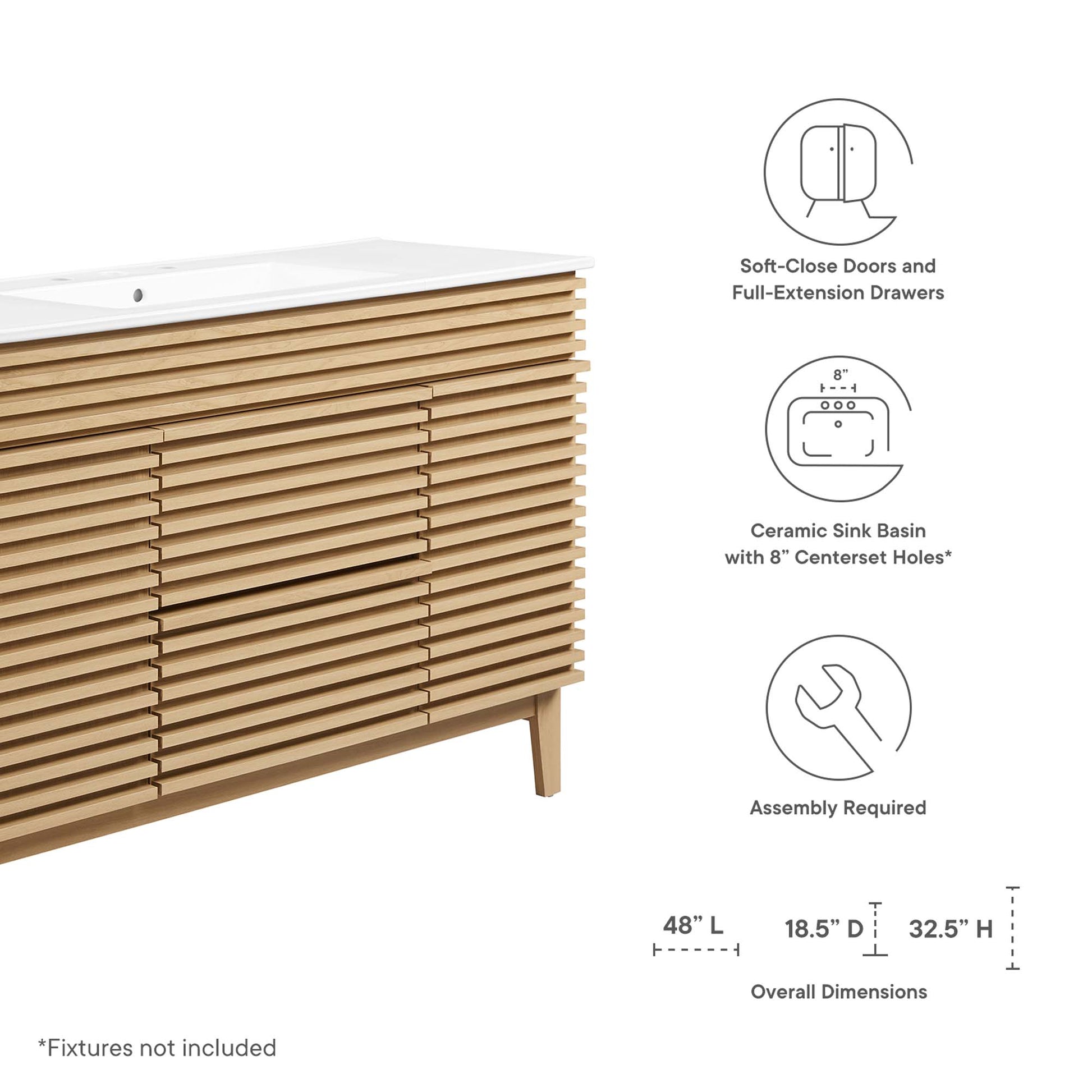 Oak slatted bathroom vanity with white top, 48" L x 18.5" D x 32.5" H, soft-close doors and full-extension drawers.