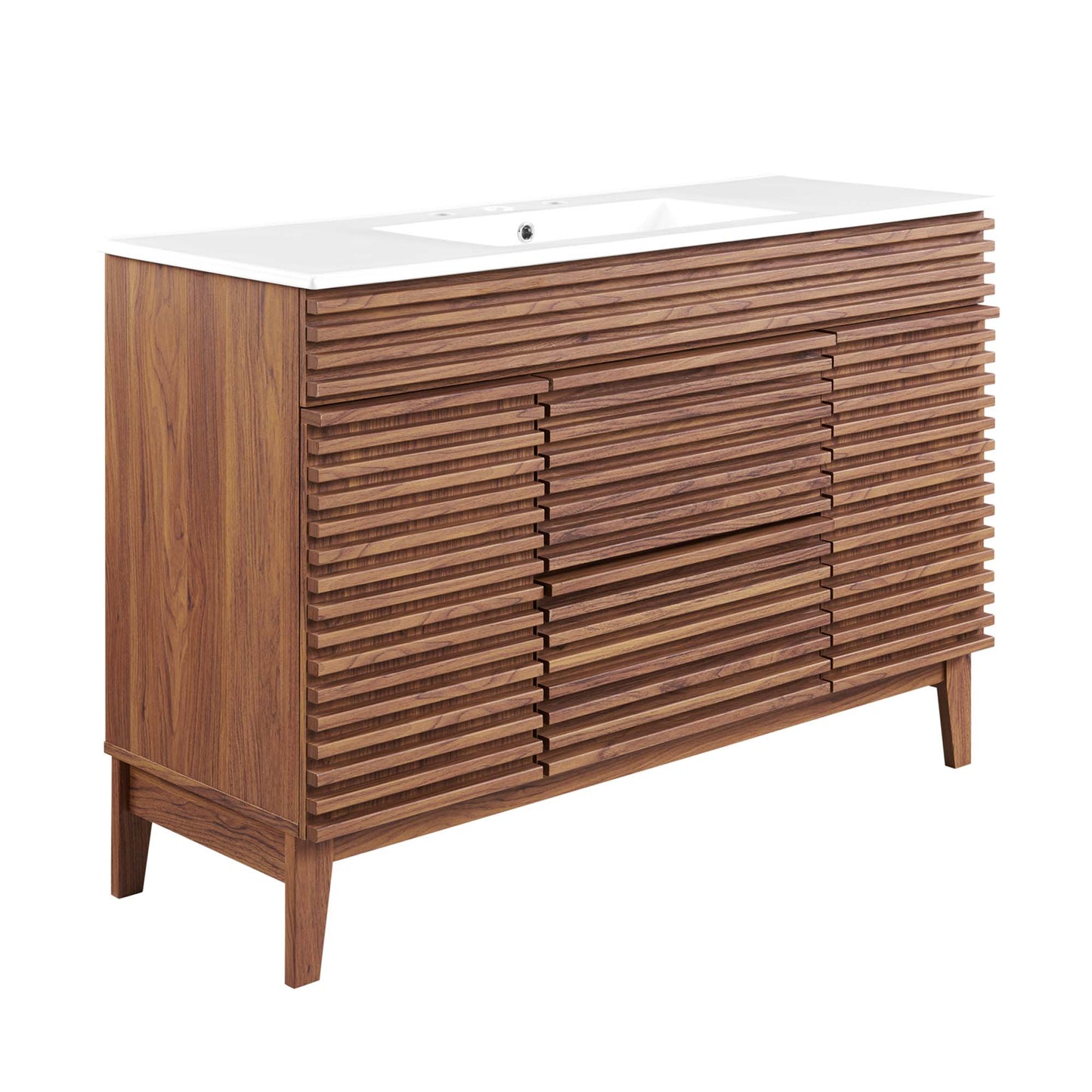 White bathroom vanity with integrated sink; 48" single-sink vanity with slatted front doors & tapered legs.
