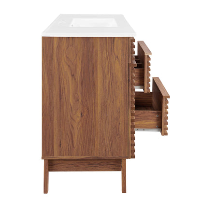 White bathroom vanity with a white sink top and a tiered slatted drawer unit on the right, raised legs.