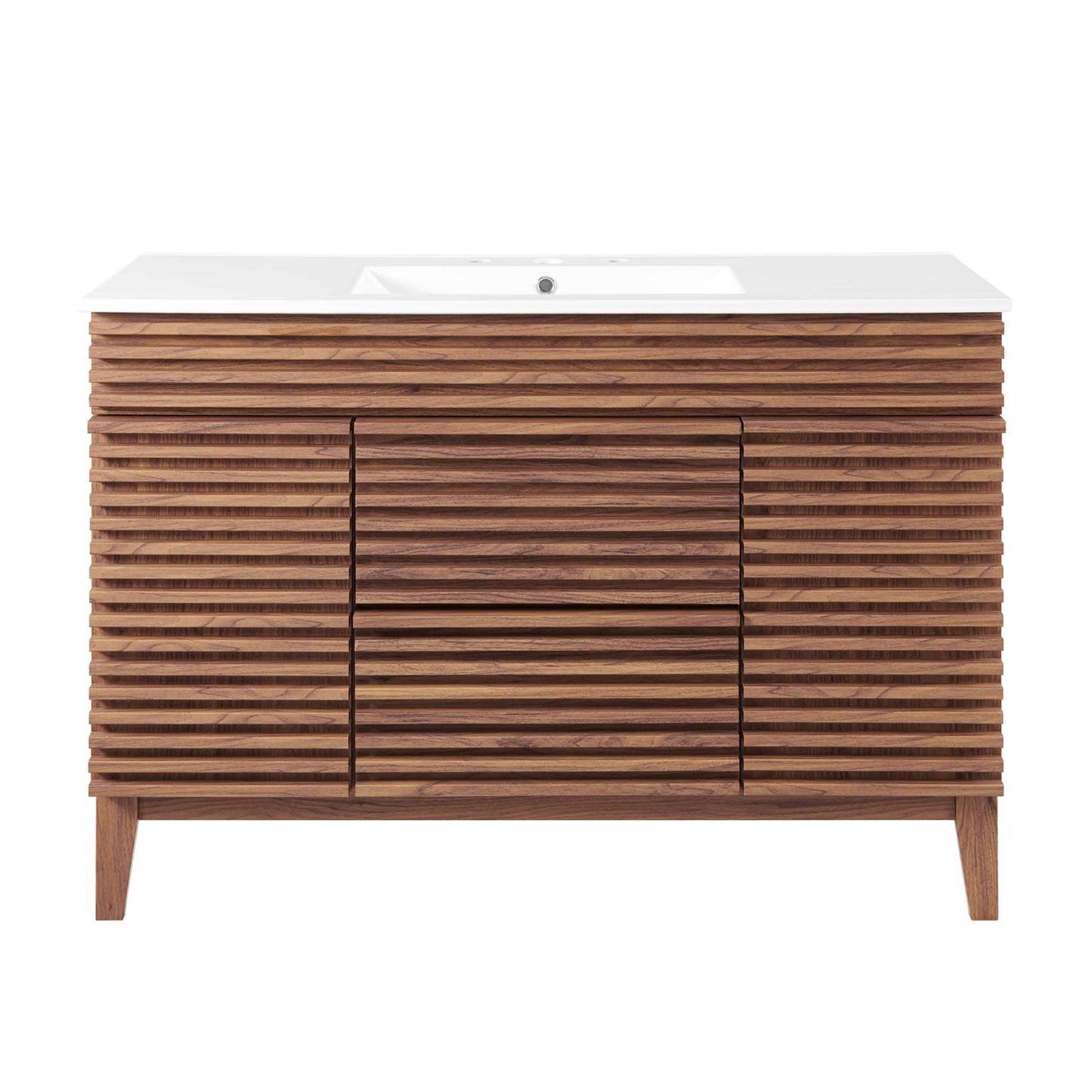 White bathroom vanity with white countertop and integrated sink; horizontal slat cabinet doors on tapered legs.