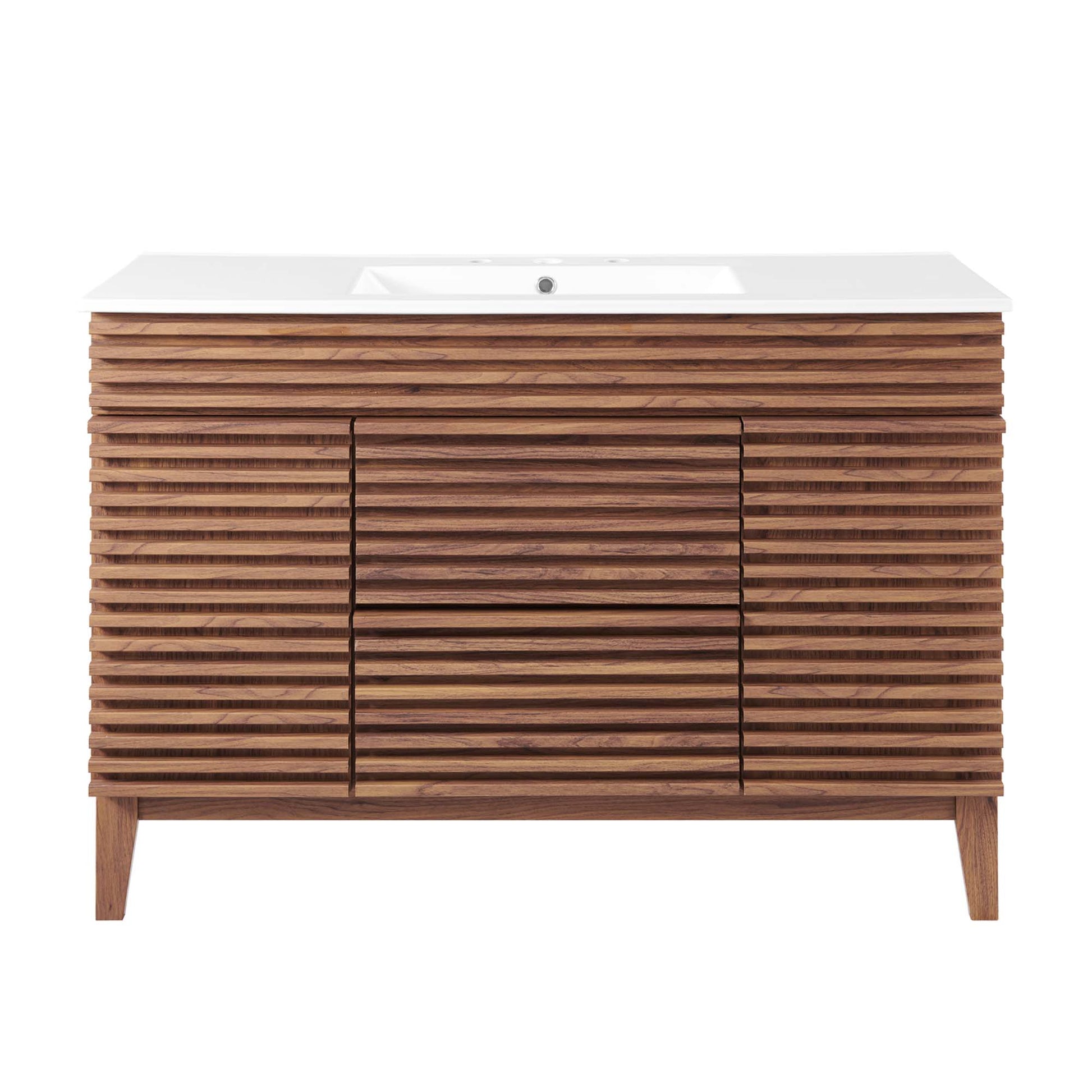 White bathroom vanity with white countertop and integrated sink; horizontal slat cabinet doors on tapered legs.