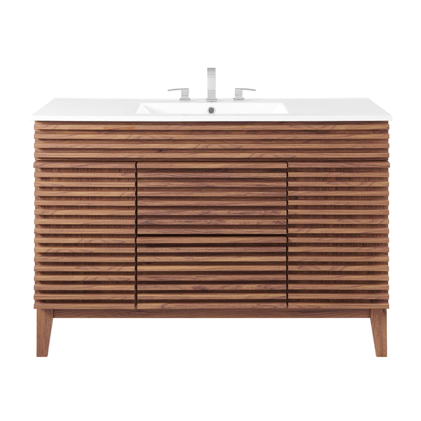 White bathroom vanity with white countertop and sink, horizontally slatted doors, modern storage cabinet, chrome faucet.