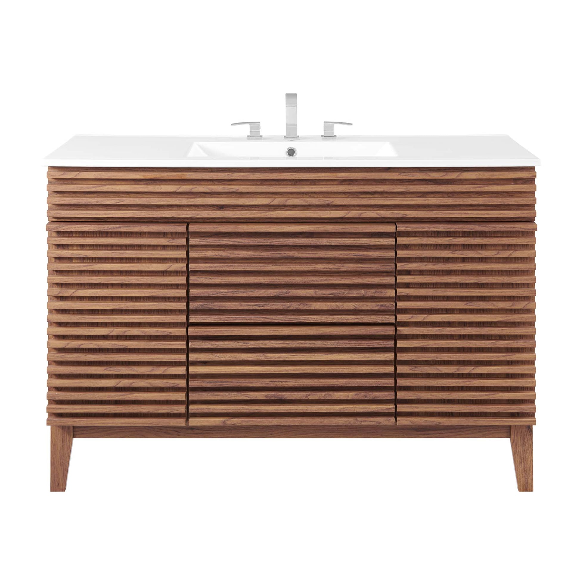 White bathroom vanity with white countertop and sink, horizontally slatted doors, modern storage cabinet, chrome faucet.