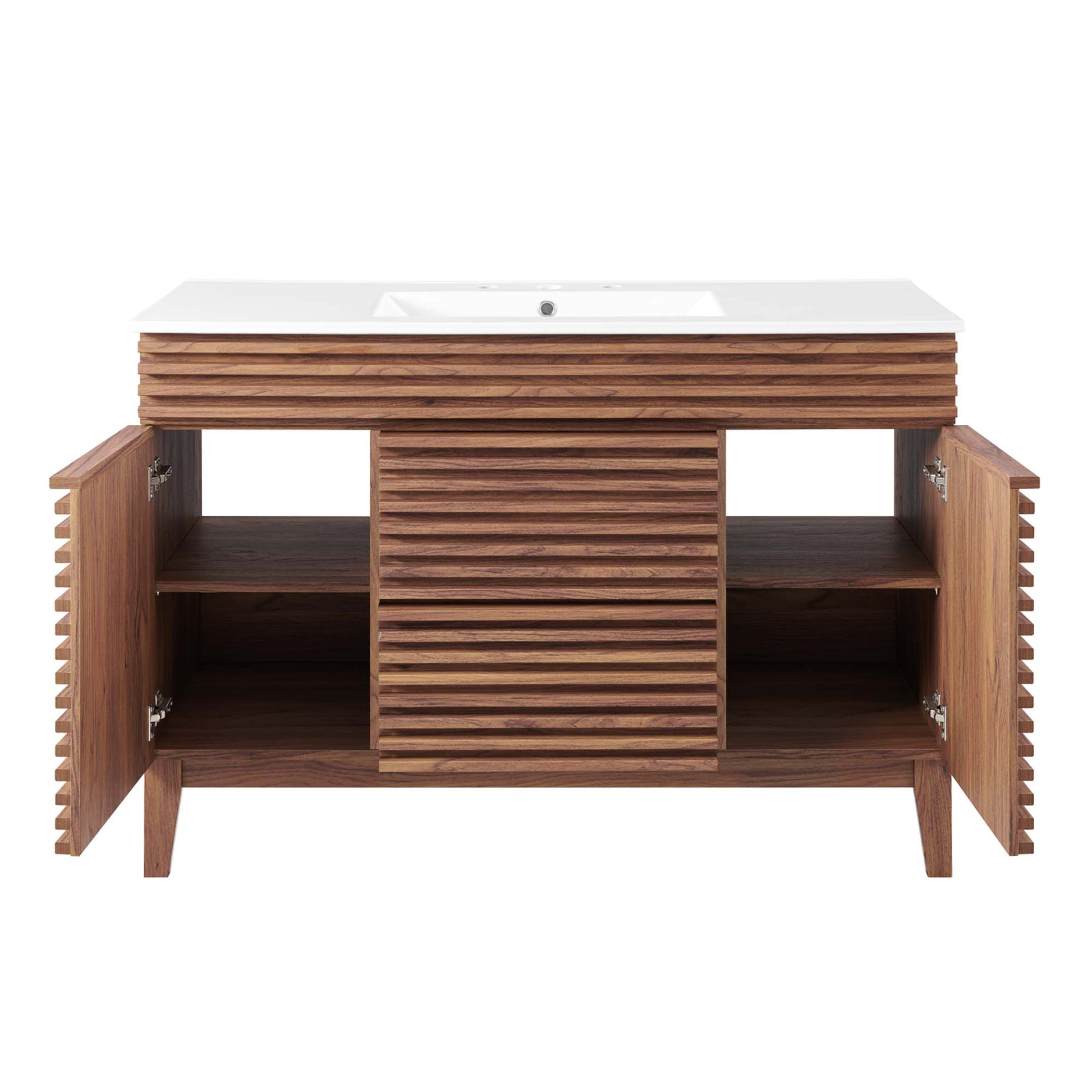White 48-inch single-sink bathroom vanity with a white sink top, featuring a slatted facade and two side cabinets with shelves.