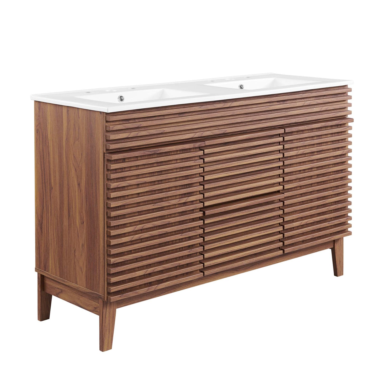 White bathroom vanity with white dual sink top and slatted panel doors on tapered legs.