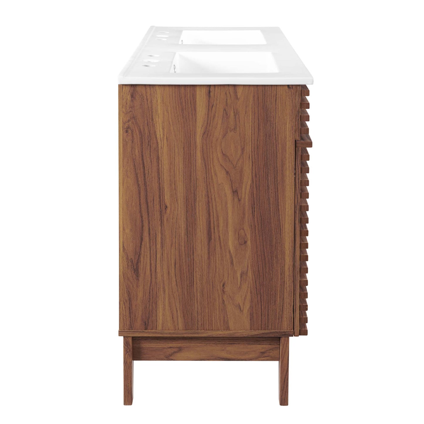 White bathroom vanity with double-sink countertop, tapered legs, and vertical slat side detail.
