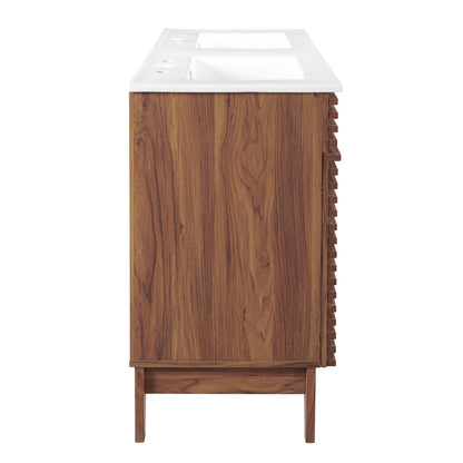 White bathroom vanity with double-sink countertop, tapered legs, and vertical slat side detail.