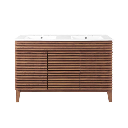 Walnut slatted double-sink bathroom vanity with white countertop and two doors
