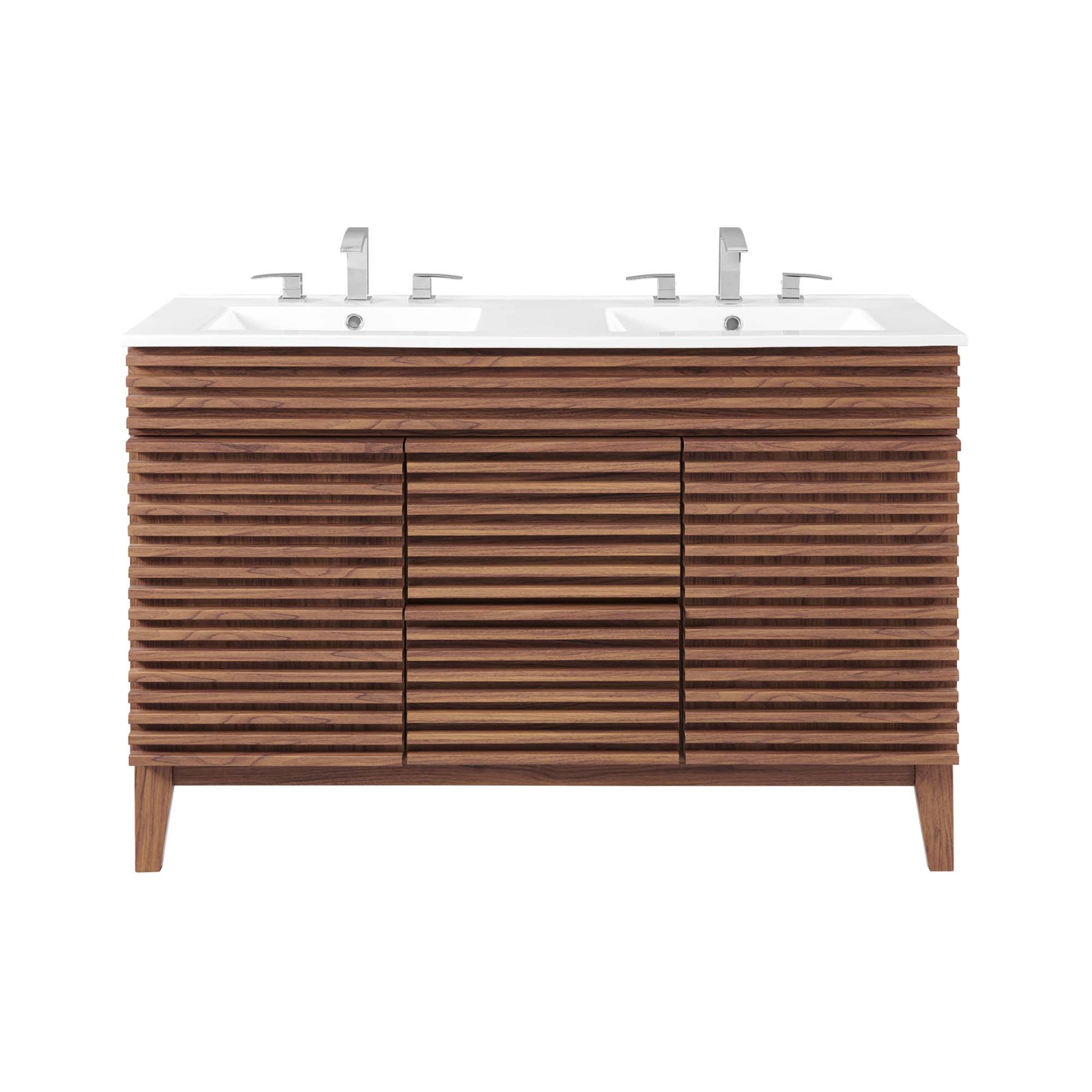 Walnut slatted double vanity with white countertop & two sinks & chrome faucets, mid-century modern style